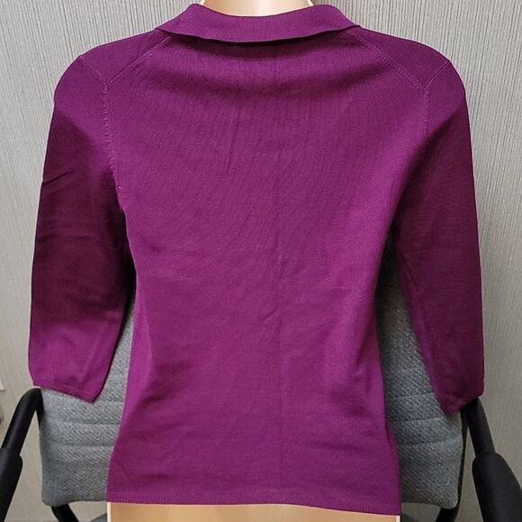 3/4 Sleeve Purple Silk Blend V-Neck Sweater - Picture 4 of 6